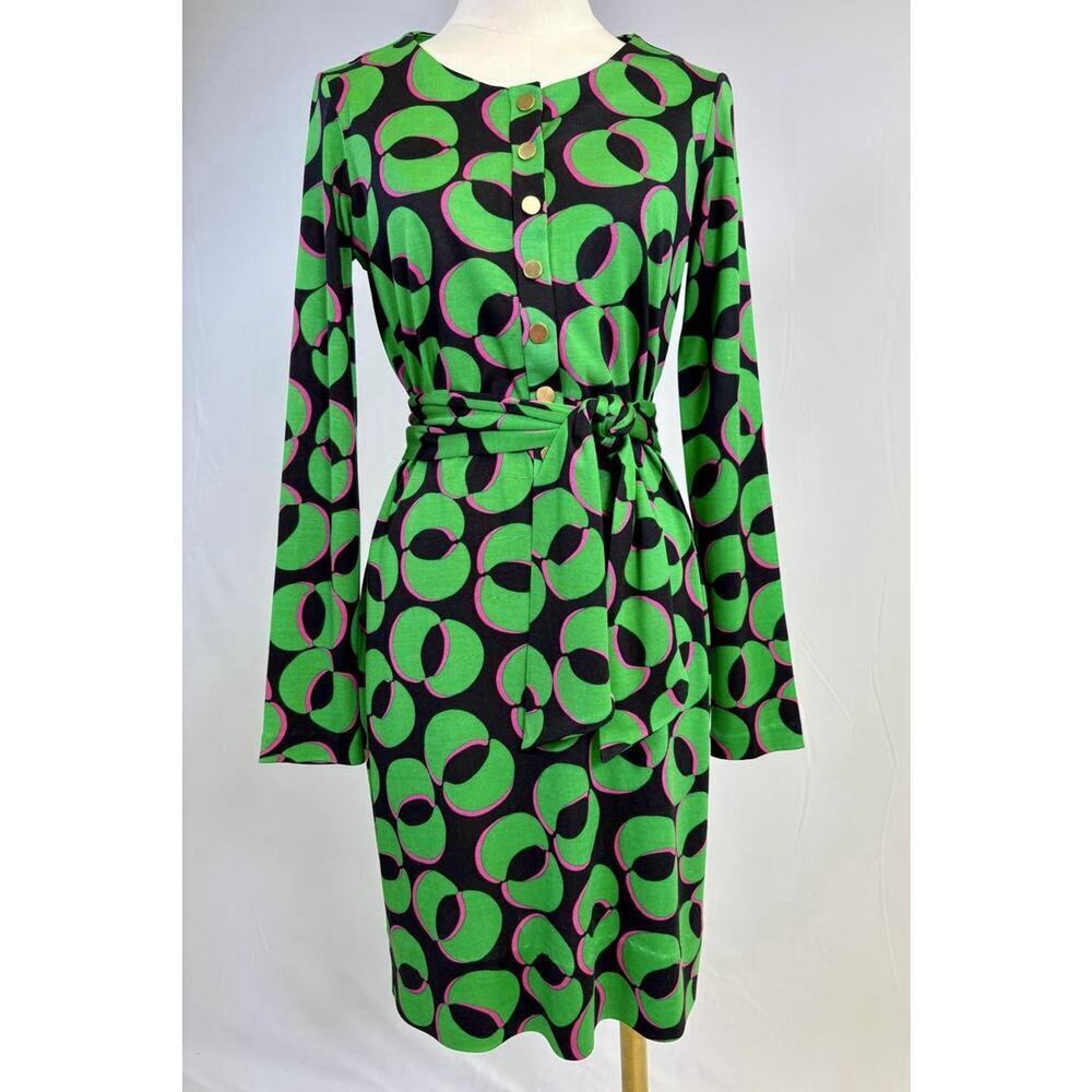 Diane Von Furstenberg Green Pink Geometric 100% Silk Long Sleeve Mini Dress Sz 2